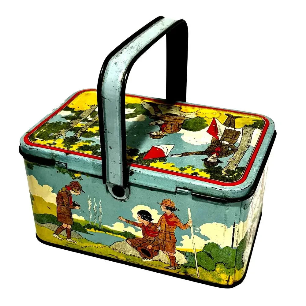 Vintage Girl Scouts metal tin lunch box top handle guides flags yellow blue
